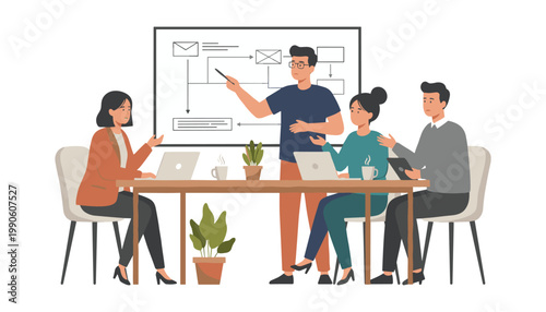 A business professional presents a complex flowchart to attentive colleagues during a productive team meeting.