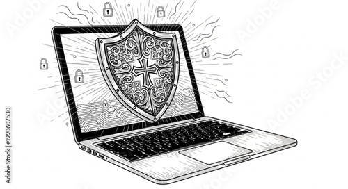 Laptop computer screen displays a digital shield icon for cybersecurity protection.
