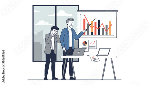 Two business colleagues react to a disappointing financial report displayed with alarming negative trends.