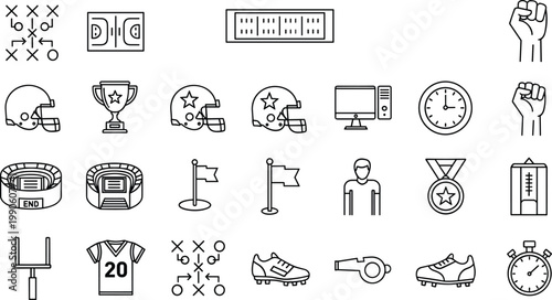 Sports and competition line icon set featuring football strategy equipment trophies training and athletic performance concepts collection