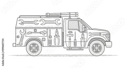 Line Drawing of a Utility Truck with Tools and Equipment.