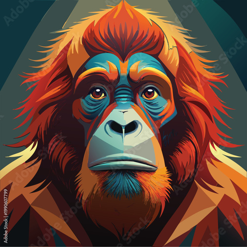 A stylized illustration of a red orangutan. detailed facial features. bold colors.