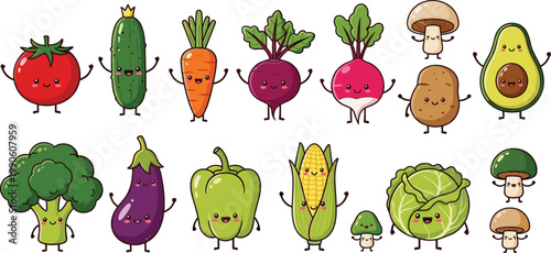 Cute cartoon vegetables and mushrooms characters set, funny healthy food mascots illustration for kids education and nutrition design
