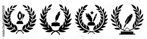 laurel wreath with quill and inkwell academic achievement vector illustration