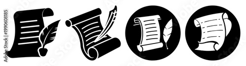 set of quill pens and inkwell writing tools flat design vector illustration