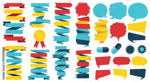 Collection of colorful speech bubbles, ribbons, and award icons for design and communication