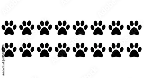 A repeating pattern of numerous black paw prints, symbolizing a pet's journey, playful steps, or animal tracking, presented as a simple and versatile graphic element for various design needs