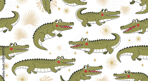 Cute crocodile seamless pattern with cartoon alligators and decorative elements, playful animal background design for kids textile and wrapping