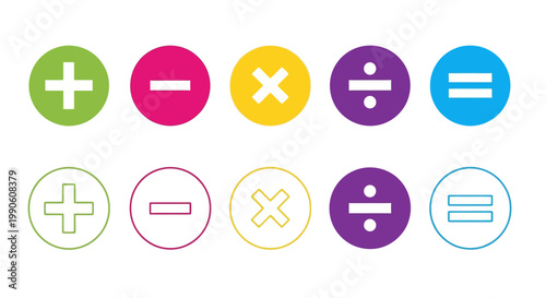 Collection of colorful mathematical operation icons, including addition, subtraction, multiplication, division, and equals signs