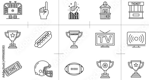 Sports entertainment icons set ticket trophy football helmet tv outline vector collection minimal modern game event symbols