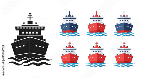 Set of diverse ship icons, showcasing different vessel designs and styles with detailed illustrations