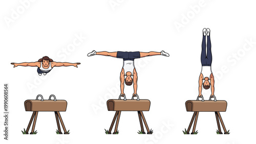 Male Gymnast on Pommel Horse Sequence: Flying, Straddle, and Handstand Positions