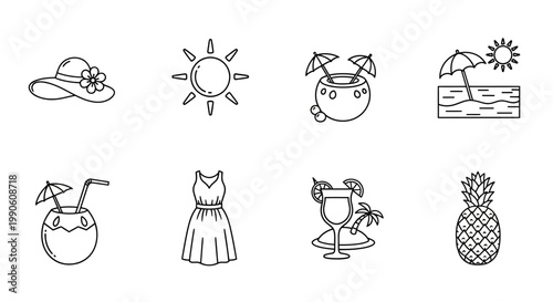 Summer vacation and beach elements collection with sunglasses, hat, dress, sun, coconut drink, and pineapple icon set
