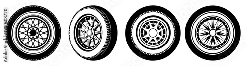 set of four car wheel rims with whitewall tires flat design vector illustration