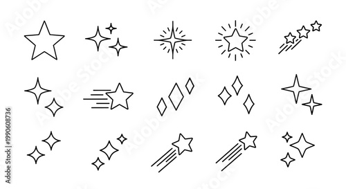 Collection of stylized star icons representing glitter, sparkle, and shine effects for design