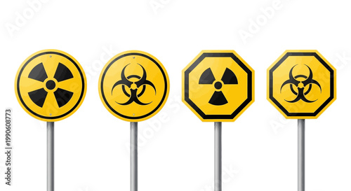 Set of radiation and biohazard warning signs on poles against a white background, isolated icons