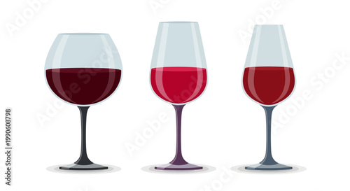 Three glasses of red wine, showcasing different shapes and colors, presented on a clean white background