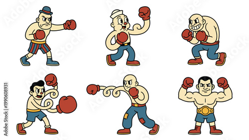 Vintage Cartoon Boxers Set: Retro Boxing Characters in Dynamic Poses and Expressions. Classic Hand-Drawn Sports Illustration