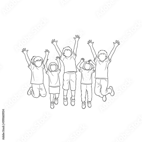 Group of children jumping up happily.