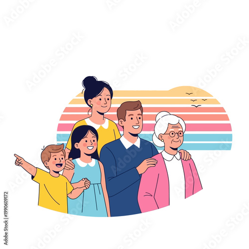 Happy family standing together smiling.