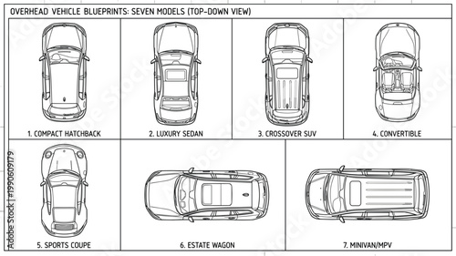 Top view car blueprint set illustration, overhead vehicle silhouettes collection with different body types for automotive design reference