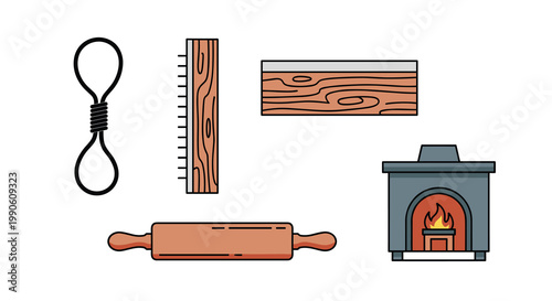 A set of various objects including a rope comb wood rolling pin and fireplace, Generative AI.