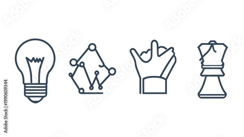 Collection of four line art icons, including an electric lightbulb and a chess piece, on a white background