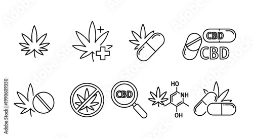 Minimalist Line Icons Illustrating Cannabidiol, Cannabis Leaf, Medicinal Properties, Chemical Structure, and Related Regulatory Concepts