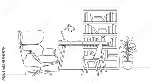 Office Chair with Desk and Bookshelf.