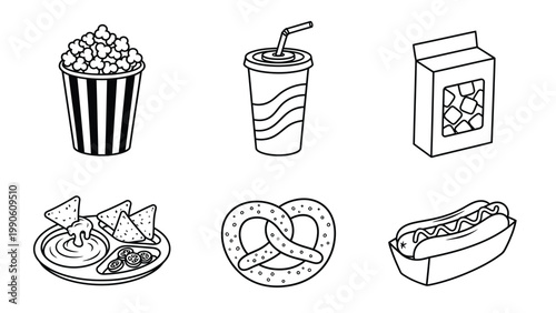 Outline Icons of Popular Snacks and Drinks: Popcorn, Soda, Nachos, Pretzel, Hot Dog, and Candy Box.