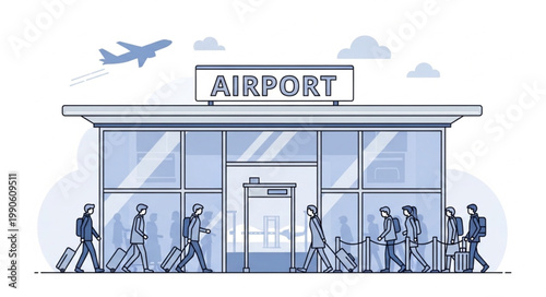 Modern Airport Building with Travelers and Airplane Flying Overhead.