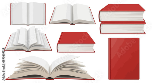 A collection of red hardcover books, some open and some closed, displayed on a white background