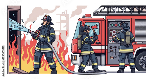 Firefighters Battling Blaze with Water Hose Next to Fire Truck.