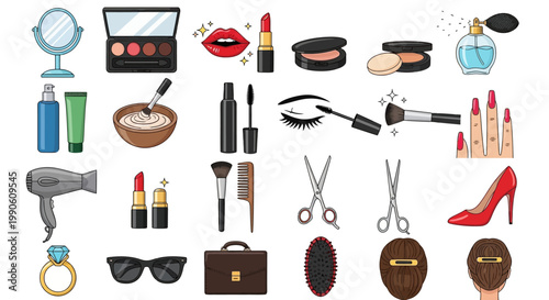 Collection of beauty and cosmetic products for personal care and styling, including makeup, hair dryer, and accessories