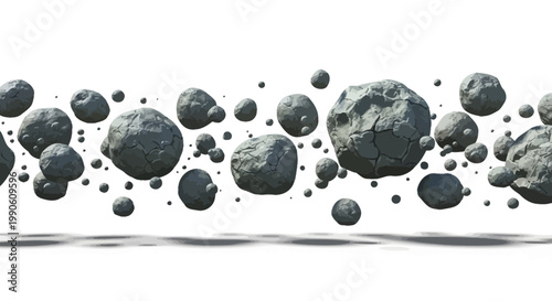 Floating gray asteroids and space rocks, realistic 3D meteor belt on white background, cosmic debris and celestial boulders for game design