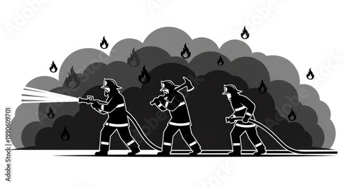 Firefighters Battling a Large Fire with Water and Axe.