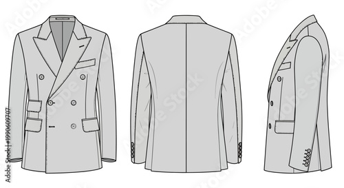 Double breasted blazer technical sketch, mens formal suit jacket vector template, grey tailored coat front back and side view for fashion design
