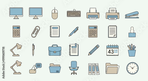 Office supplies and business equipment icons.