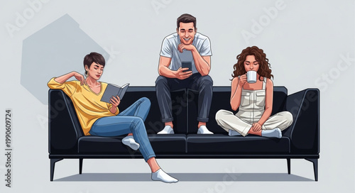 Three young adults sitting on a modern black sofa using their mobile devices and reading a book.