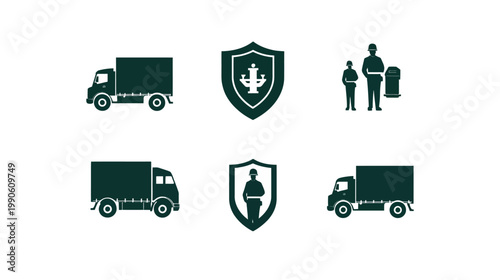 Silhouetted illustrations of trucks, shields, and people, likely security or logistics-themed