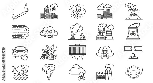 Air pollution line icon set, environmental contamination and climate change symbols, 20 vector icons representing toxic smog and industrial waste