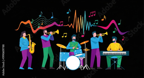 Diverse musical band playing instruments together with colorful sound waves.