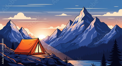 Tent in mountains at sunset camping adventure.