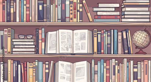 Antique Bookshelf Filled with Old Books and Globe.