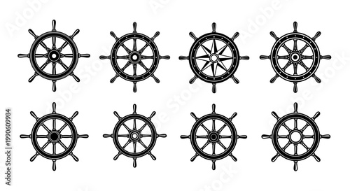 Nautical ship wheel vector set, vintage maritime steering wheel icons, collection of 8 black sea captain helm symbols for marine branding