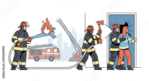 Firefighters bravely rescue a child from a burning building with a fire truck and ladder.