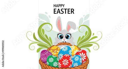 Happy easter illustration features a cute bunny behind a woven basket filled with colorful eggs decorated with floral patterns.