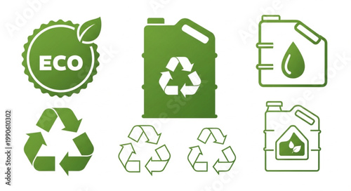 Eco friendly recycling symbols and canisters illustration.