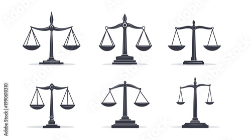 Several dark grey illustrations of balancing scales, commonly used as a symbol of justice