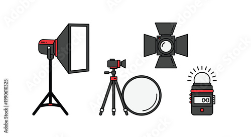 A set of professional photography equipment including a softbox tripod flash and remote shutter release, Generative AI.
